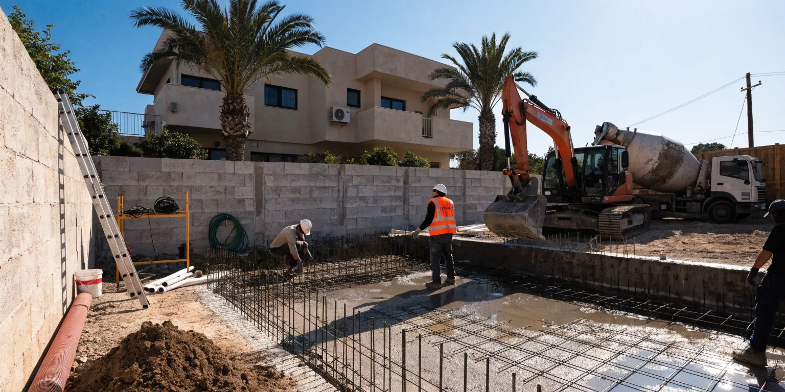 בניית בריכת שחייה ביתית — שלב יציקת הבטון בחצר פרטית בישראל